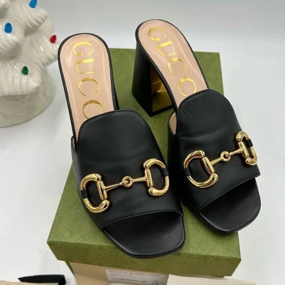 Women's Gucci horsebit leather mid heel slide sandals size 38.5 made in Italy - Picture 1 of 9